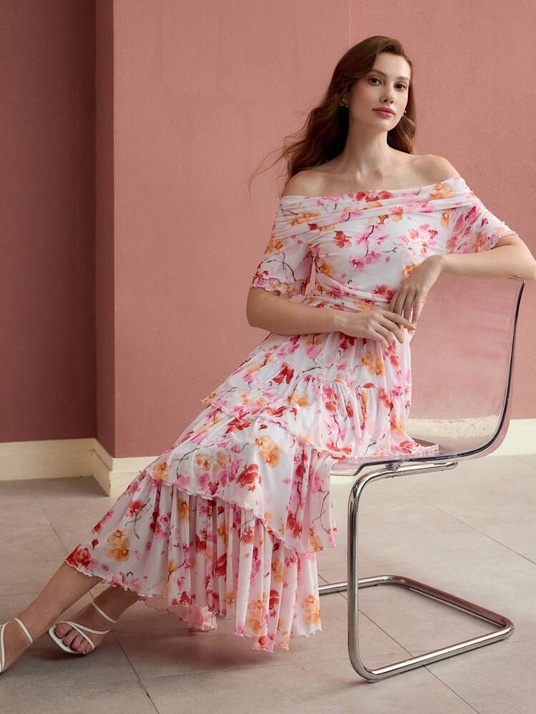 FLORAL PRINT FLOWY OFF SHOULDER DRESS,VALENTINE'S DAY OUTFIT