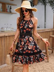 EMERY ROSE Vestido de verano con estampado floral y encaje en contraste para mujer - Negro - Ver 6