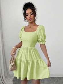 Breezaya 瑞士圆点系带露背泡泡袖荷叶边下摆连衣裙度假海滩装女款 - 綠色 - 查看 5