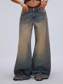 TRNVIE Jeans anchos de mujer informales con lavado ácido, bolsillos de ángulo y piernas anchas