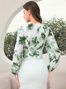 Modelyn Áo cánh tay đèn lồng in hoa thanh lịch buộc phía trước cho nữ - màu xanh lá - Xem 3