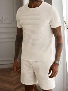 Manfinity Homme Herren 2er Set T-Shirt Manfinity Lässig Cool, Herren Jacquard Kleinkaros gepolsterter Textur Stoff Set, bequeme lässige Sommer Kurzsets für Herren Zweiteilige Outfits, Herren Zweiteiliges Sommer Lässig Set - Weiss - Übersicht 7
