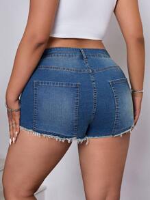SHEIN ICON Pantalones cortos de mezclilla vintage lavada talla grande para mujer, frescos y elegantes para el verano - Azul lavado medio - Ver 2