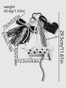 ROMWE Kawaii 1 件 Miu 风格精致可爱百搭甜美高品质手工串珠白色仿珍珠黑色蕾丝蝴蝶结多层皮革心形腊肠犬编织绳 DIY 钥匙扣/包包饰物，适合女孩和女士日常穿着，节日礼物 - 黑與白 - 查看 7