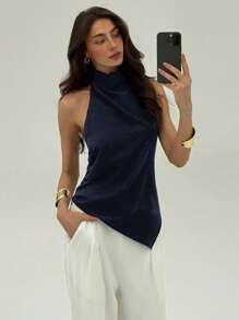 Aloruh Top de vară casual cu tiv asimetric pentru femei, cu guler halter, culoare solidă - Albastru marin - Vizualizare 10