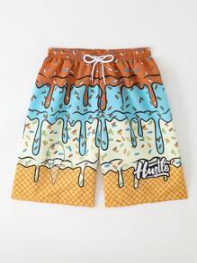 Teen Boys' Ice Cream Print Drawstring Waist Beach Shorts, Placement Print - Brown - View 6