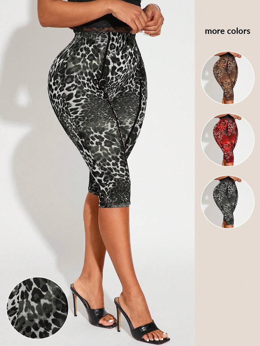 SHEIN SXY Plus Size Women Spring & Summer Elegant Sexy Leopard Print See-Through 3/4 Leggings, Suitable For Everyday Wear, Western Wear, Cruise Attire, Music Festival, Concert, Carnival Party, Beach Vacation, Date Night, Birthday, Bachelorette Party, Gyaru, Ibiza, Nashville, Rave, Modest, Chic, Club, Cute, Casual, Shopping, Streetwear, Going Out Cheetah Print Animal Print