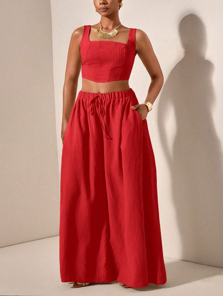 Slaydiva 新款春夏假日休闲卡其色鱼骨吊带阔腿裤两件套，带口袋，纹理面料，适合大码女装，两件套夏季套装，女士夏季服装，两件套女装 - 紅色 - 查看 1