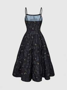 ROMWE Goth 夏日假期月亮与植物图案复古印花无袖连衣裙 - 黑色 - 查看 3