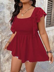 SHEIN LUNE Áo cánh tay rộng cổ vuông thường ngày cho nữ cỡ lớn - Đỏ - Xem 6