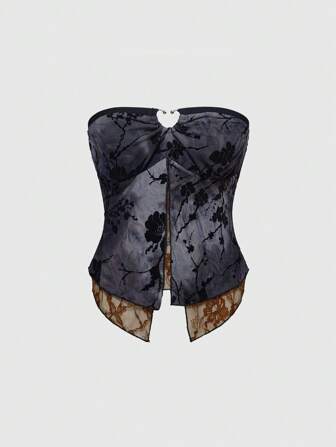 Hippie Top a canottiera da donna in stile Y2K, flock, patchwork e pizzo in 2 in 1