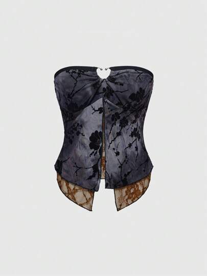 Hippie Women's Y2K Subcultural Flocked Patchwork Lace Splice Camisole 2 In 1 Top