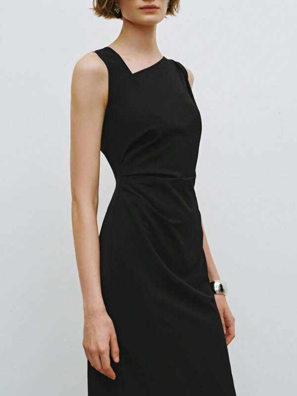 Lumivelle Oblique Collar Sleeveless Pleated Dress For Women