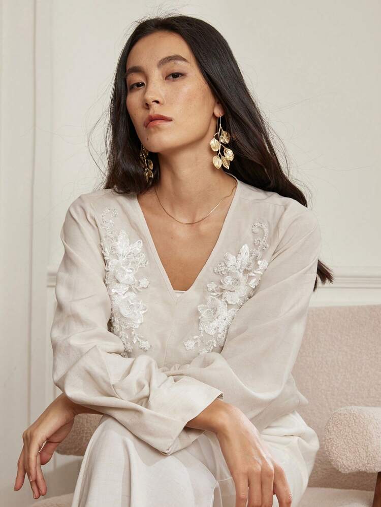 Women Spring/Summer Solid Color Simple Linen Casual Raised Floral Sequin Beaded V-Neck Long Sleeve Blouse Business Casual Women,Fall Women Clothes