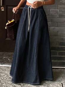 Livesso 女士纯色抽绳腰休闲百搭牛仔半身裙 - 藏蓝色 - 查看 3