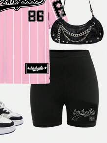 SHEIN Leap Crew 2 件套青少年女孩休闲粉色运动风格数字印花短袖宽松 T 恤和紧身裤套装，适合夏季 - 彩色 - 查看 3
