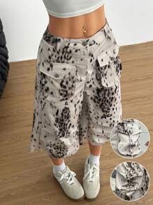 SHEIN EZwear 夏季乡村音乐会女款印花梭织七分裤 - 卡其色 - 查看 1