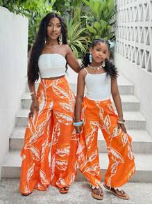 Tween Girl Spring & Summer Casual Tropical Plant Orange Print Ruffle Hem Super Wide Leg Pants , Mommy And Me Matching Outfits(2 Sets Are Sold Separately)