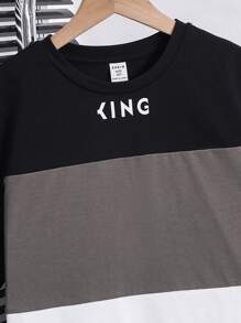 青少年男童休闲日常百搭舒适字母拼布撞色印花图案宽松圆领短袖针织 T 恤 - 彩色 - 查看 3