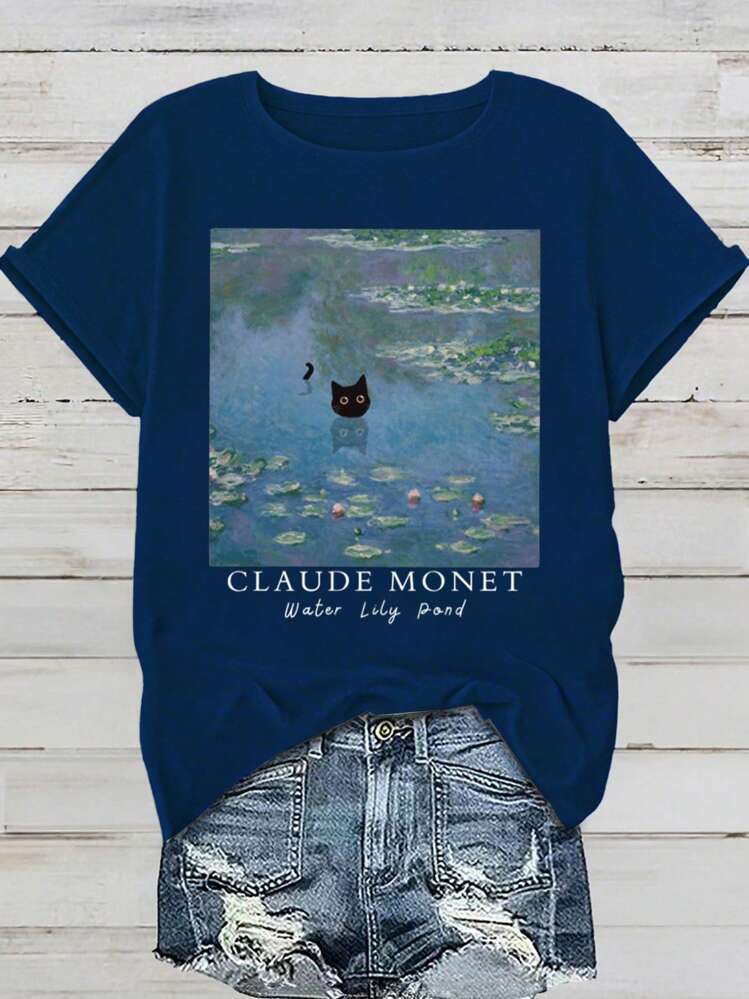 Calvaya T-shirt WATER LILY POND ®, T-shirt Chat noir nageant, T-shirt inspiré de Monet, T-shirt Nénuphar, Cadeau Maman Chat, T-shirt Chat drôle - Bleu marine - Voir 1