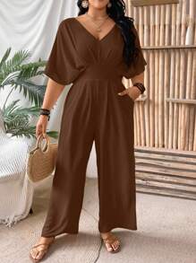SHEIN Clasi 大码露背短袖连体裤，通勤款女士夏季服装 - 咖啡棕 - 查看 1