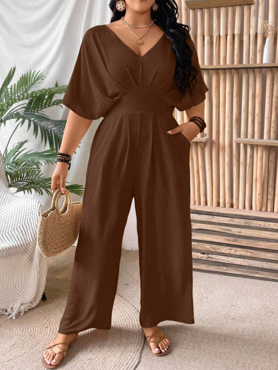 SHEIN Clasi 大码露背短袖连体裤,通勤款女士夏季服装 - 咖啡棕 - 查看 1