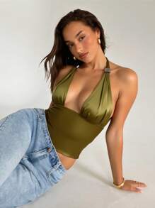 Aloruh Elegant & Sexy Olive Green Halter Neck Tie-Up Decor Button Women's Tank Top