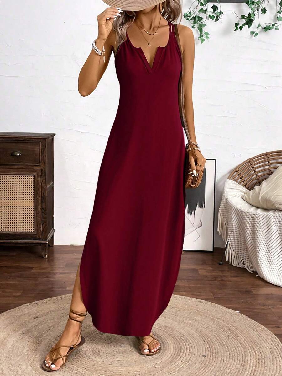 Breezaya 垂直条纹多色细肩带连衣裙长款女装 - 酒紅色 - 查看 1