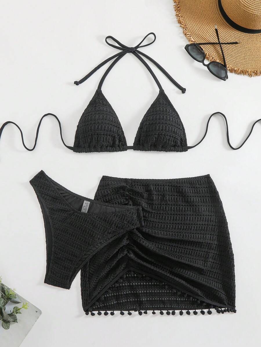 Swim Basics 3pcs/Set Women Swimwear Set - Black Textured Halter Top, Low Waist Bottoms, Fuzzy Hem Skirt, Suitable For Beach, Pool, Holiday, Basic & Simple Style For All - Black - View 1