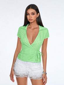TRNVIE 春夏新款休闲度假女士格子蝴蝶结裹身交叉柔软短袖衬衫 - 綠色 - 查看 5