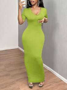 SHEIN SXY 女士纯色 V 领紧身短袖连衣裙 Hoco Dresses - 橄欖綠 - 查看 8