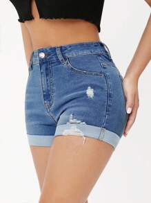 SHEIN PETITE Shorts de mezclilla de moda para mujer, apropiados para el verano