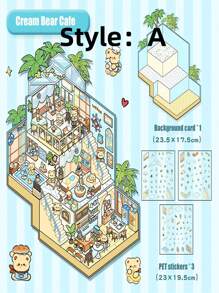 3张贴纸+1张背景卡 - 卡通3层大尺寸风景贴纸，创意3D立体微缩场景拼贴，可爱减压DIY贴纸画，智力模型房子，微缩场景创意收纳DIY贴纸，无需裁剪3D分层房屋贴纸