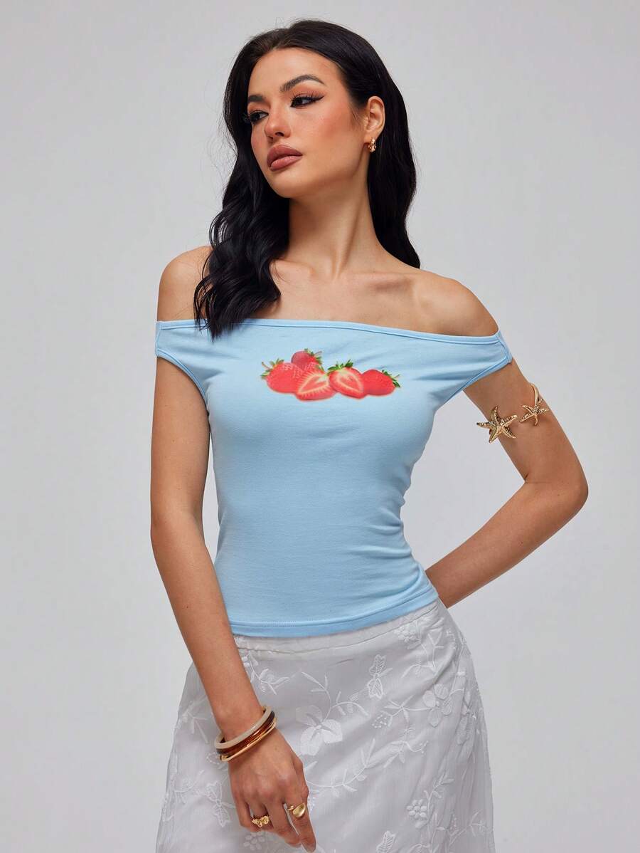 Roylia Áo thun hở vai hở lưng họa tiết dâu tây thanh lịch cho nữ, mùa hè - Màu xanh lam - Xem 1