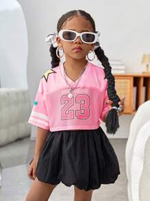 SHEIN SLAYR KIDS Young Girl Knit Numeric Pattern V-Neck Loose Casual T-Shirt