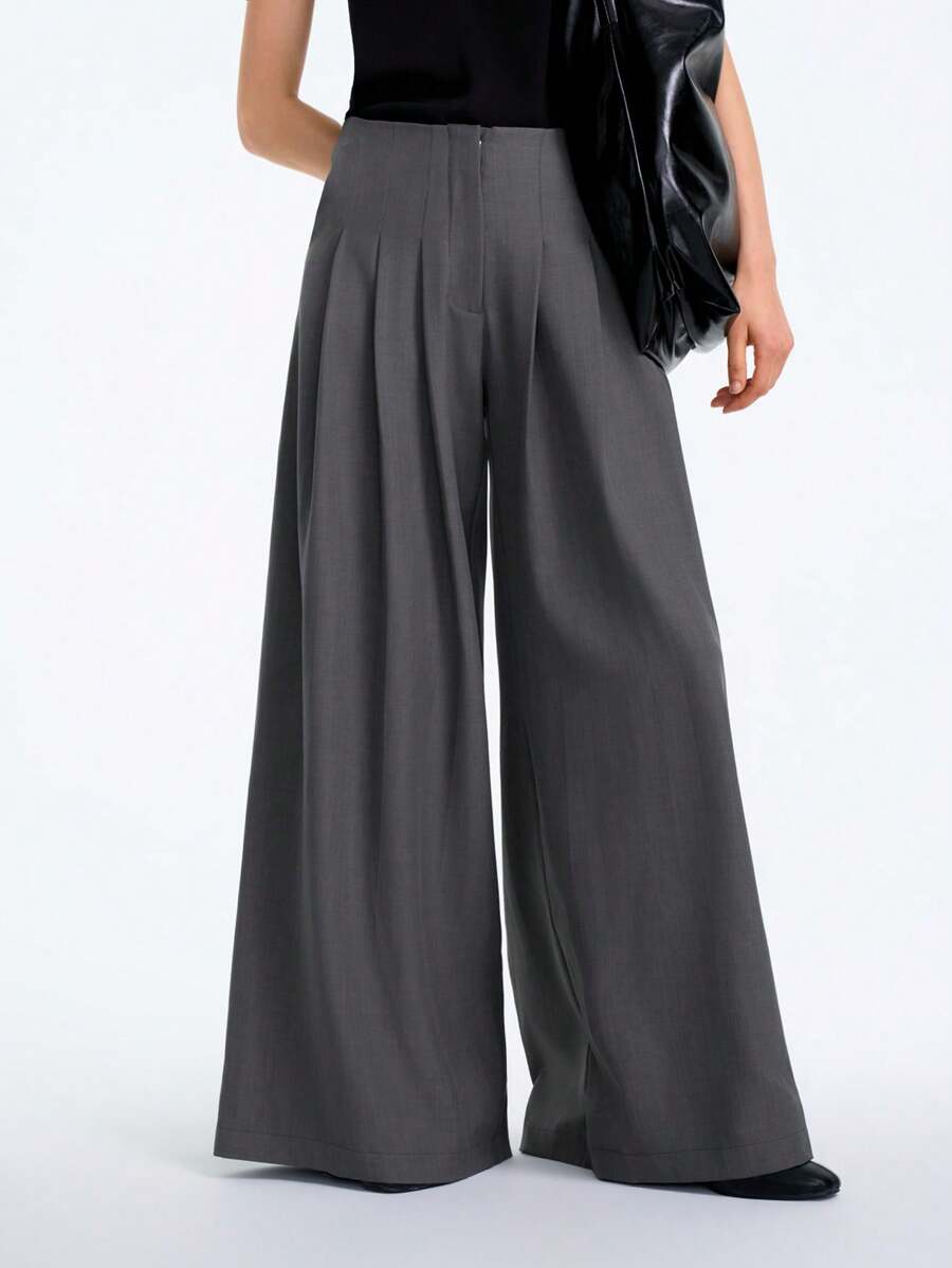 Aalyst 女士优雅简约高端休闲度假通勤舒适宽松前中褶阔腿裤长裤春夏 - 深灰色 - 查看 1