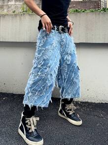 Manfinity EMRG 男士夏季休闲磨边阔腿牛仔短裤外出都市休闲度假街头潮流 emo 风格 - 淺色水洗藍 - 查看 5