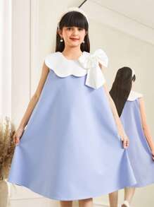 SHEIN Leap Crew 女童宽松优雅简约不对称领口无袖拼色连衣裙