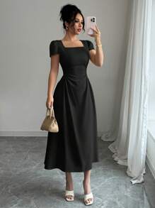 Elenzga Vestido midi elegante de mujer con manga abullonada, cuello redondo, cintura marcada y silueta estilizada, ideal para paseos, vacaciones y tardes de té, en primavera/verano