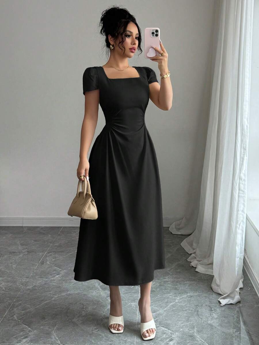 Elenzga Vestido midi elegante de mujer con manga abullonada, cuello redondo, cintura marcada y silueta estilizada, ideal para paseos, vacaciones y tardes de té, en primavera/verano