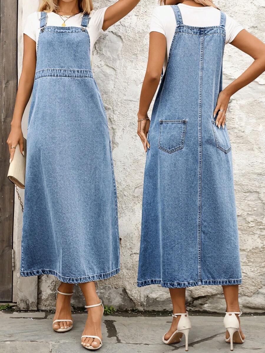 EMERY ROSE Women's Solid Color Pockets Casual Sleeveless Denim Jumper Dress - Blue - View 1