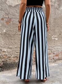 SHEIN LUNE Große Größen Sommer Lässig gestreifte Hose mit Kordel Taille und weitem gerade Bein