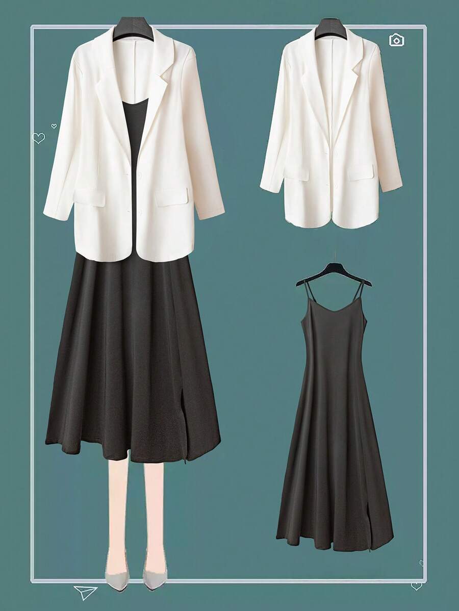 Calvaya Plus Size Women 2 Pieces Set: Long Sleeve Blazer Jacket + Spaghetti Strap Long Dress Fall Cloth For Women - Black and White - View 1