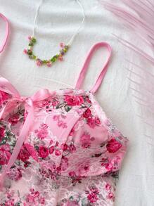 SHEIN 少女节日装、蕾丝边、蝴蝶结、蕾丝印花背心、夏季度假装 - 粉色 - 查看 5