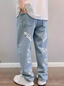 Teen Boy Cross Pattern Straight Leg Jeans - Medium Wash - View 4