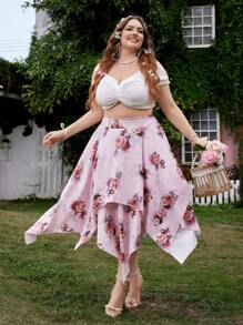 Flirla 大码女式松紧腰不对称下摆印花半身裙，浪漫优雅，适合派对、度假 - 彩色 - 查看 6