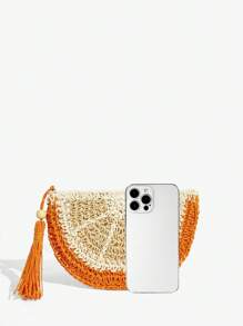 SHEIN SXY 女士手拿包，草编包，时尚优雅，简约个性，百搭，柠檬造型，水果造型，适合海滩、度假、节日、夏季、海边 - 橘色 - 查看 5