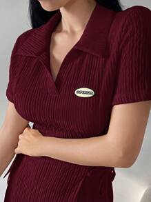 Aidyla Women Letter Print Turnup Sleeve Side Waist Tie Midi Casual Dress Maxi Women Outfit Long Evening Dresses - Burgundy - View 7