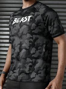 Manfinity Sport Corelite 男士休闲透气字母迷彩印花短袖运动 T 恤，夏季健身服跑步 T 恤和背心 - 黑色 - 查看 4