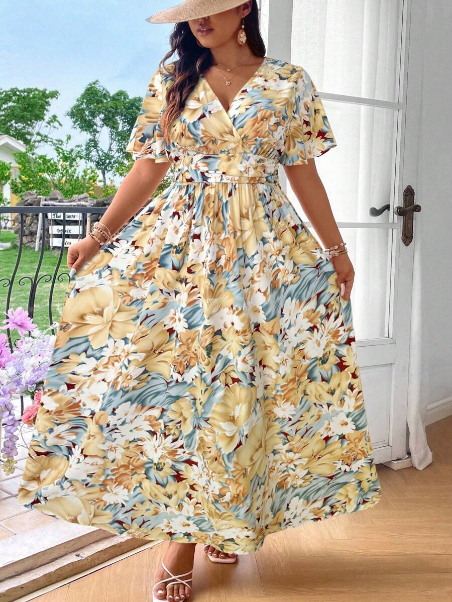 SHEIN Clasi Plus Summer Floral Print Overlap V-Neck Ruffle Short Sleeve Long Dress Vacation Maxi Women Outfit - Multicolor - View 1